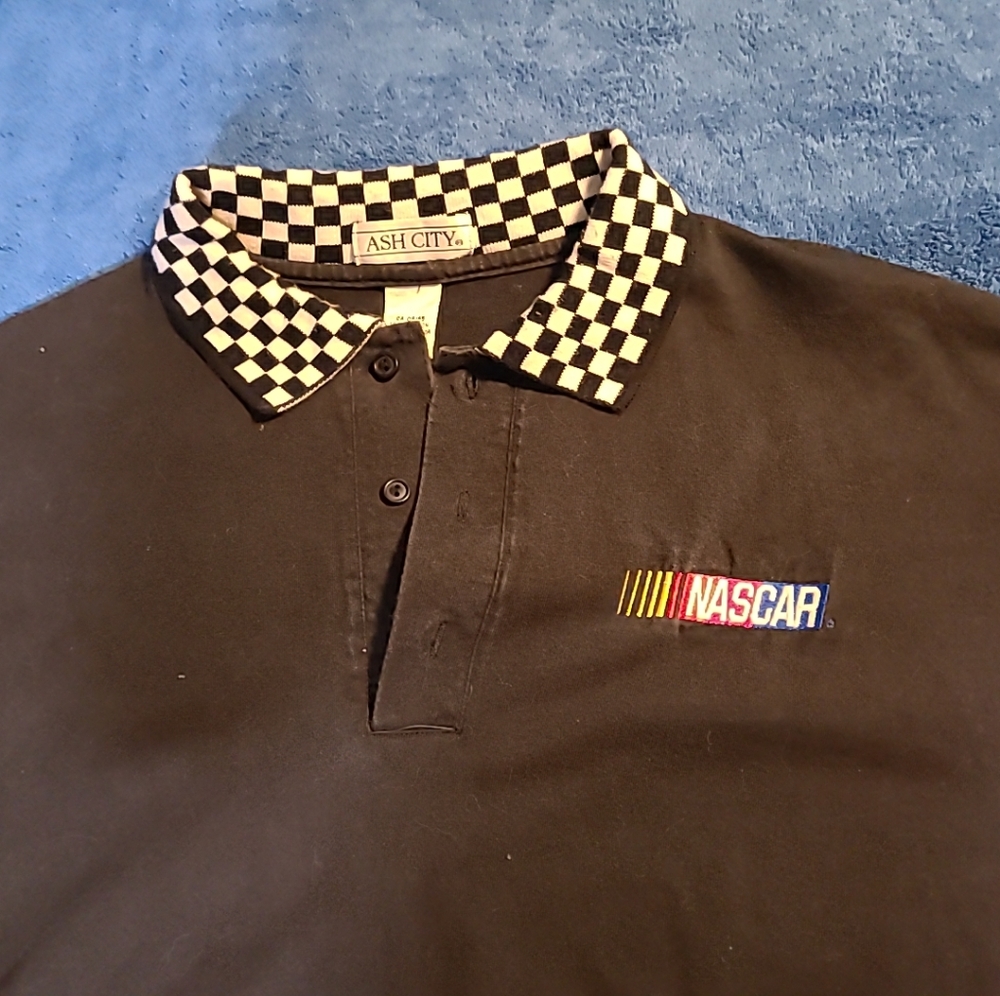 Nascar Mens XL Blacked Chekered Collar & Hem Short Sleeve Polo Ash City Tag - Picture 6 of 6
